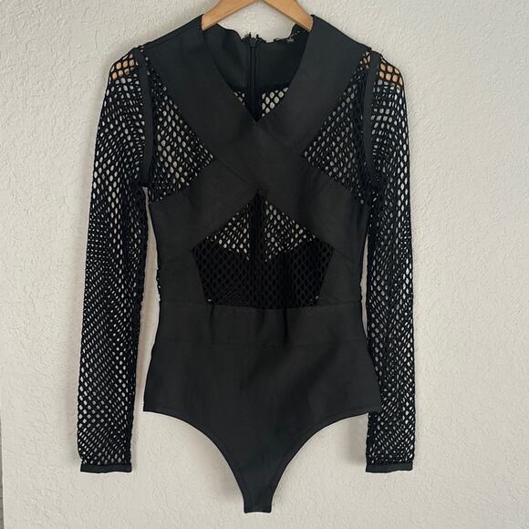 WOW couture Tops - Wow Couture Black Net Bodysuit Long Sleeve Sexy Mesh Bondage Dominant Clubbing